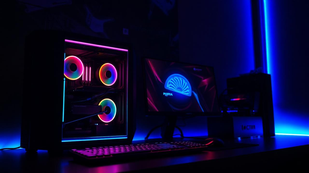 Gaming desk setup with keyboard, mouse and curved monitor